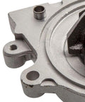 Thinking Process: silver metal water pump housing with mounting holes and shaft opening for Integra timing belt set