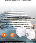 Major Flex Multi Plug Outlet Extender With Five Power Ports And Sleek White Housing For Cruises Dorms And Home Offices Low Key Essential Travel Adapter No Surge Protection Included For Everyday Carry next to a cruise ship in background.