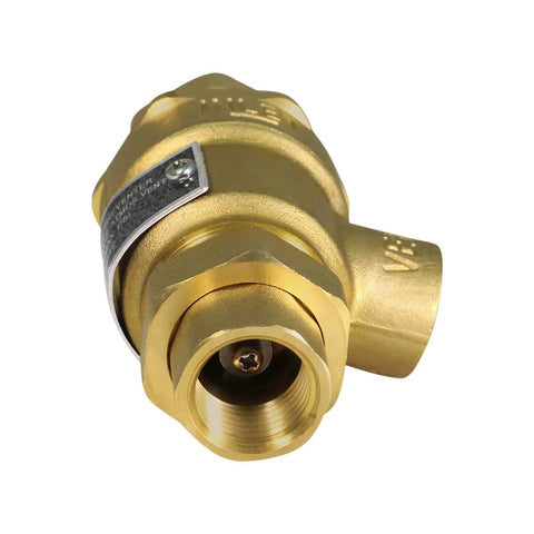 Close-up of brass backflow preventer valve with 1/2 in FIP connections for hydronic heating