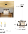 Farmhouse Crystal Pendant Light Chandelier In Black Metal For Kitchen And Dining Room with dimensions and bulb details