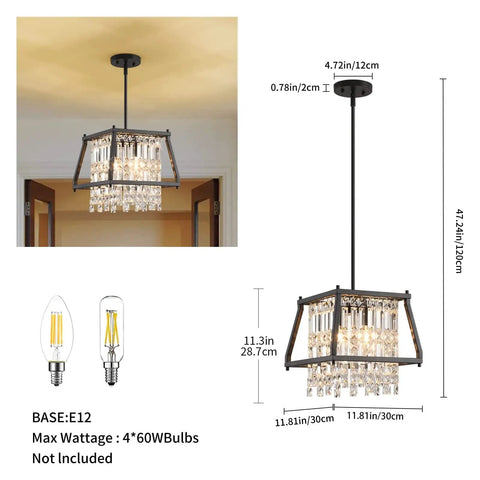 Farmhouse Crystal Pendant Light Chandelier In Black Metal For Kitchen And Dining Room with dimensions and bulb details