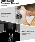 Image showing the Extended Stainless Steel Garbage Disposal Basket Strainer With Flange For Standard 3.5 Inch Drain Holes Matte Black Deep Stopper 304 Stainless Steel Rustproof Durable Kitchen Sink Accessory in use, highlighting with and without filter basket scenarios.
