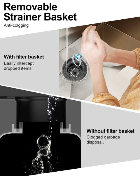 Image showing the Extended Stainless Steel Garbage Disposal Basket Strainer With Flange For Standard 3.5 Inch Drain Holes Matte Black Deep Stopper 304 Stainless Steel Rustproof Durable Kitchen Sink Accessory in use, highlighting with and without filter basket scenarios.