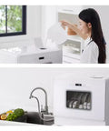 Portable Countertop Dishwasher Fully Automatic Compact Kitchen Essential setup showing woman filling water and view of wash cycle.