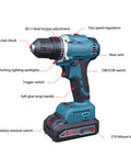 Heavy Duty Cordless Drill Set With Sleek Brushless Motor And Knockout 21V Power with detailed features and battery design.