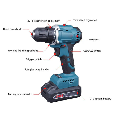 Heavy Duty Cordless Drill Set With Sleek Brushless Motor And Knockout 21V Power with detailed features and battery design.