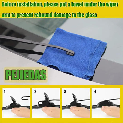 Installation guide for Prime Front Wiper Blades 24 Plus 19 Inch Set Oem Quality with a towel under wiper arm.