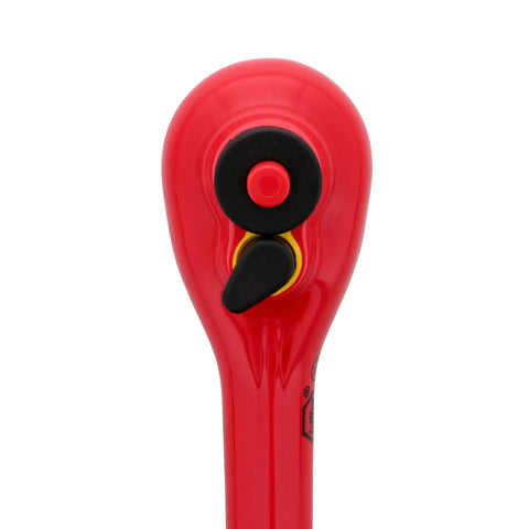 Close-up of Insulated Three Eighths Inch Drive Ratchet With Seven And A Half Inch Reach, Pro Grade Electrician Favorite, VDE Certified