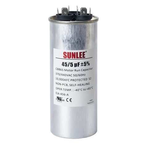 Dual Run Capacitor 45 And 5 Microfarads For HVAC Plug And Play 370V 440V CBB65 Round Replacement, Replaces 12288 TRCFD455 PRCFD455A 4JR05