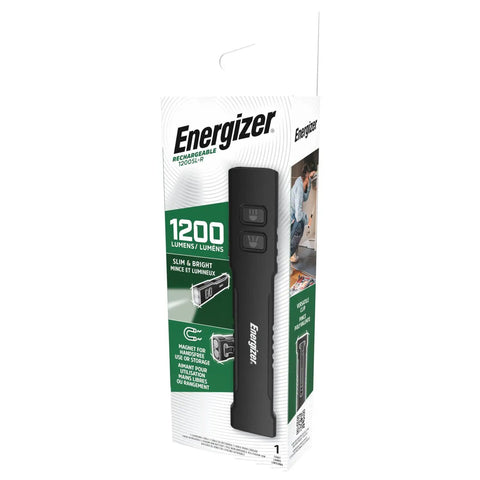 Packaging of 1200SL-R Flat Rechargeable LED Flashlight for EDC and Tac Use, showing black slim design with buttons, 1200 lumens info