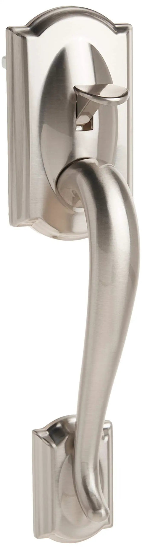 Camelot Front Entry Handleset With Left Handed Flair Lever In Satin Nickel Finish, Lower Half Grip, vertical view