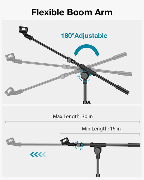 Heavy Duty Floor Microphone Stand With Boom Arm, Adjustable Tripod From 28.1 To 89.8 Inches, includes flexible 180-degree boom arm.