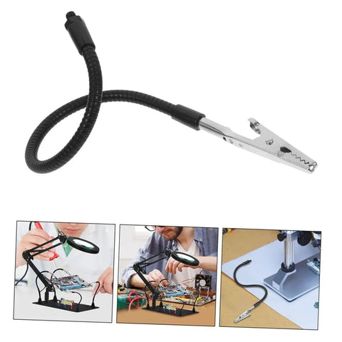 Alligator Clamp Soldering Helper Set With Magnifying Glass Lamp secure workholding tool, close-up of clamp and flexible arm.