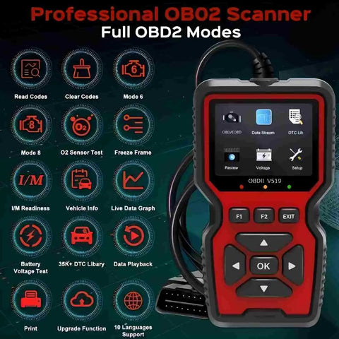 Go To All In One OBD2 Car Code Reader And Diagnostic Tool With Reset Mode 6 And Mode 8 close-up with buttons and screen
