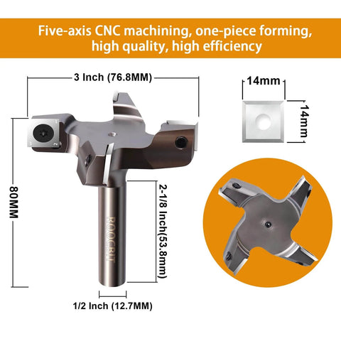 Pro Grade CNC Spoilboard Surfacing Router Bit Set With Half Inch Shank And 3 Inch Cutting Diameter, carbide insert slab flattening planer bit with dimensions