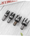 Top Notch 4 Piece Wood Plug Cutters With Tapered Deep Cutting Edge For Bench Drill And Electric Hand Drill Compatible precision bits on wooden surface.