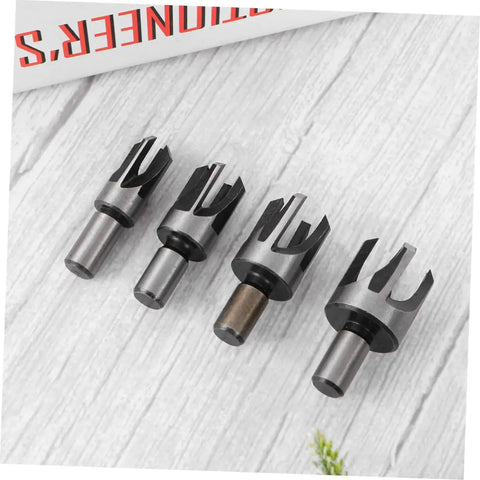 Top Notch 4 Piece Wood Plug Cutters With Tapered Deep Cutting Edge For Bench Drill And Electric Hand Drill Compatible precision bits on wooden surface.