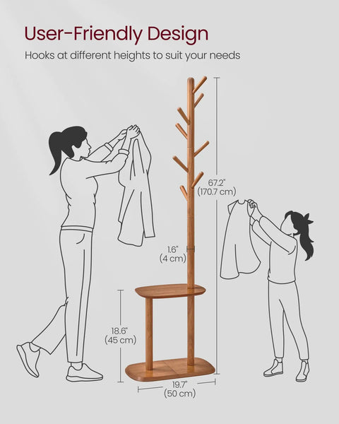 Freestanding Coat Rack With Eight Hooks And Storage Shelf, Tall Hallway Organizer For Coats Hats Bags, in caramel brown with user-friendly design
