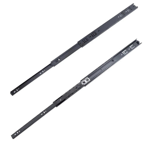 Rugged 18 Inch Full Extension Drawer Slides With Ball Bearings For Side Mount Cabinets Four Pack Black Steel Rails shown from above.