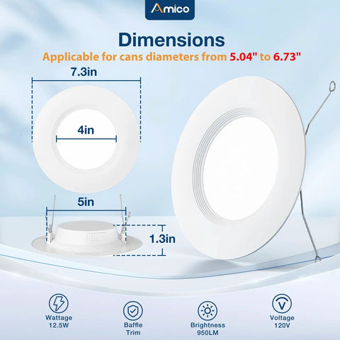 Top Shelf Four Pack Led Recessed Downlights Bring Smooth Dimmable Glow And Easy Color Temp Swaps Dead Simple Retrofit Fit For Standard Five Inch Can Housing Covers dimensions illustration showing sizes 4in to 7.3in.