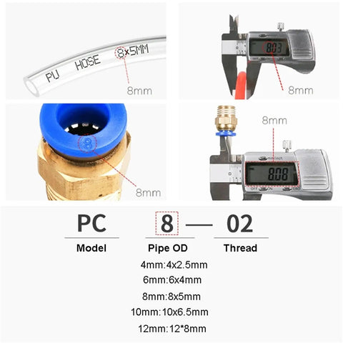 Heavy Duty Polyurethane Air Hose 10 Meter Pneumatic Tube for Air Compressors Sizes 4mm to 16mm Flexible Ideal for Garage Workshop and Auto Repair Jobs Seeking Durable Gear That Handles Pressure Like a Boss Without Leaking or Breaking Down Often., 8mm hose size and fitting measurements shown
