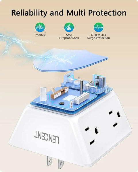 Cutaway view of Six Outlet USB Wall Tap Surge Protector Three Sided Wide Spaced AC Power Strip With Six Outlets And USB Ports