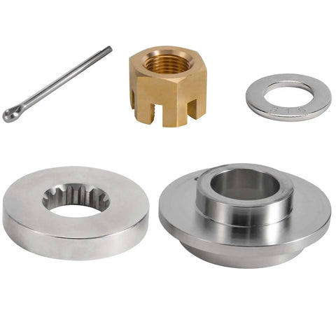 All In One Boat Propeller Installation Kit For Suzuki Outboards 50 To 140 HP With 15 Spline Shafts Includes Thrust Washer Spacer Washers Nut And Cotter Pin For Quick No Fuss Secure Mounting components laid out
