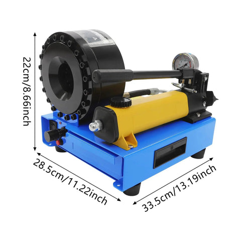 Heavy Duty Hydraulic Hose Crimping Tool Kit With Eight Precision Dies Manual Handheld High Pressure Crimper Machine For Automotive Repairs with gauge on blue base.