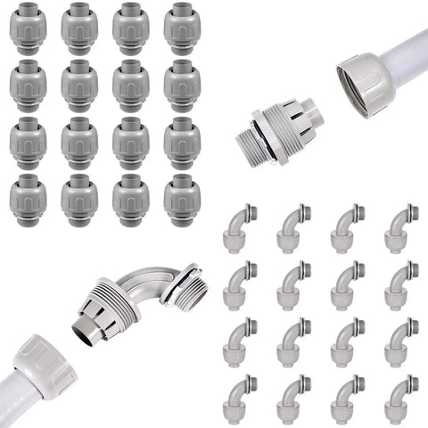 32 Pack Three Quarter Inch Liquid Tight NPT Non Metallic PVC Conduit Fittings with 90 Degree and 180 Degree Nylon Connectors UL Listed