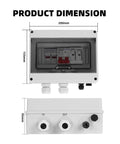 Hella Weatherproof Solar PV DC Combiner Box Featuring Badass Lightning Surge Protection Plus 50 Amp MCB Fuses Rated For 600 Volt DC Arrays And Rugged IP65 Enclosure dimensions, front and side views, showing switches and ports.