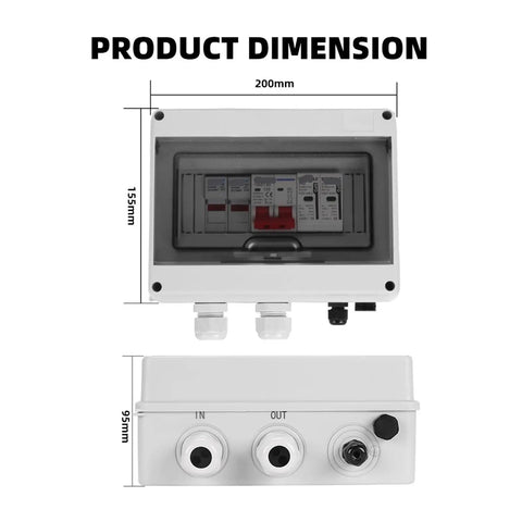 Hella Weatherproof Solar PV DC Combiner Box Featuring Badass Lightning Surge Protection Plus 50 Amp MCB Fuses Rated For 600 Volt DC Arrays And Rugged IP65 Enclosure dimensions, front and side views, showing switches and ports.