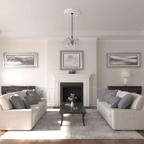 Living room with Ceiling Medallion Twenty Seven And A Half Inch Diameter Heaton Style With Two And A Quarter Inch Projection installed.
