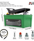 10,000 Psi Air Hydraulic Pump With Foot Pedal And Six Point Six Foot Hose For Auto Body Frame Machines And Pro Grade Heavy Duty Hydraulic Tools Including NPT Three Eighth Inch Oil Outlet And NPT Quarter Inch Inlet, showing detailed dimensions and components.