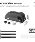Waterproof Top Tube Bag For Bike With Magnetic Closure, 0.6L size, shown with straps and accessories, IPX4 rated, black color.