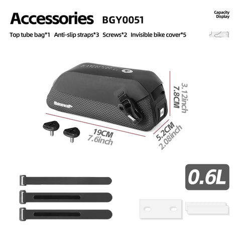 Waterproof Top Tube Bag For Bike With Magnetic Closure, 0.6L size, shown with straps and accessories, IPX4 rated, black color.
