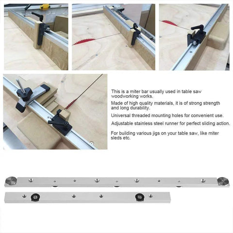 Builder Grade Aluminum Alloy Miter Bar For Table Saw Featuring Dead Sure Alignment With Smooth Adjustable Sliders And Rock Solid Fit For Serious Woodworkers Mastering Custom Miter Jigs Daily on a woodworking table showing adjustable sliders.