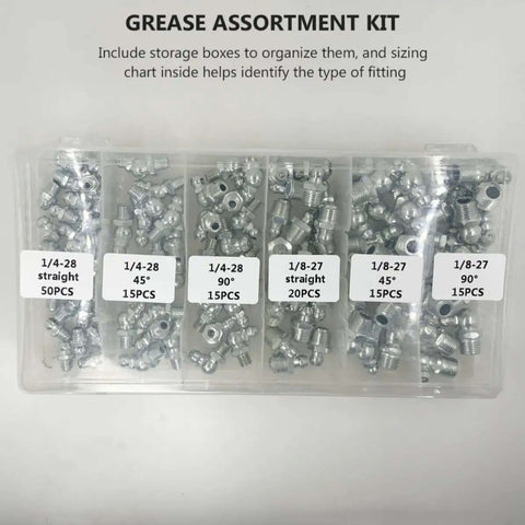 260 Piece Hydraulic Grease Fitting Kit With Galvanized Iron Zerk Nipples In Straight Angled And 90 Degree Configurations, Perfect For Car Maintenance And Mechanical Bearings, organized plastic case
