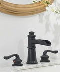 Black Waterfall Bathroom Faucet With 8 Inch Widespread Arc, Dual Lever Handles, Farmhouse Style 3-Hole Vanity Faucet on marble counter
