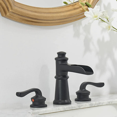 Black Waterfall Bathroom Faucet With 8 Inch Widespread Arc, Dual Lever Handles, Farmhouse Style 3-Hole Vanity Faucet on marble counter