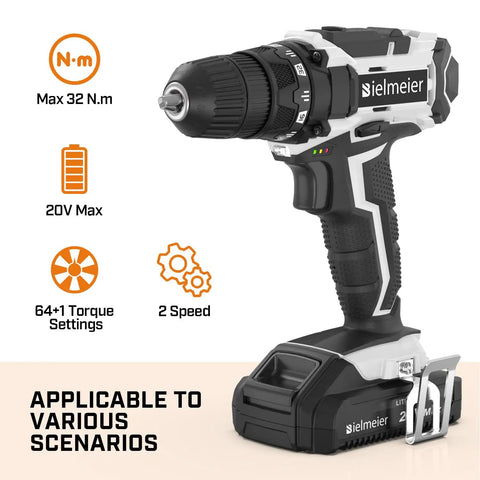 20V Cordless Drill Kit with 3/8 inch keyless chuck, 64+1 settings, and LED light for wood, metal, concrete DIY use.