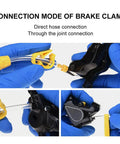 All In One Bike Hydraulic Disc Brake Bleed Kit With 12 Oil Filling Joints And Transferable Funnels in use with brake clamp