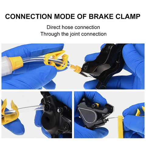 All In One Bike Hydraulic Disc Brake Bleed Kit With 12 Oil Filling Joints And Transferable Funnels in use with brake clamp