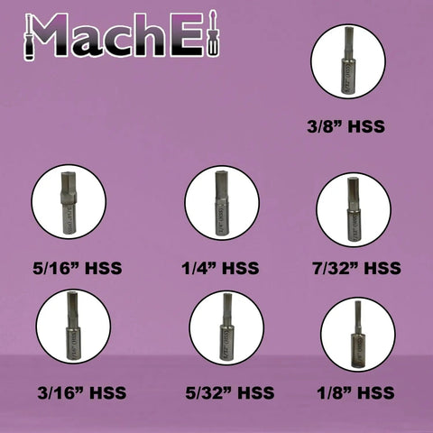 Seven Piece Hex Rotary Broach Punch Set In Inch Sizes From One Eighth Inch To Three Eighth Inch, Premium High Speed Steel HSS Displayed