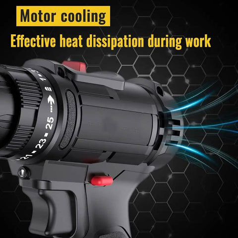 Rechargeable Cordless Drill And Electric Screwdriver Set Featuring 25 Plus 1 Torque Adjustments showing motor cooling features and heat dissipation.