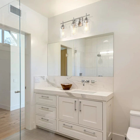 Bathroom with Three Light Brushed Nickel Vanity Light For Bathroom Over Mirror Glass Wall Mount Dimmable Modern Vanity Lighting