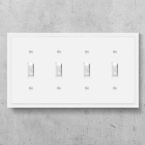 Modern Edge Quad Toggle Wall Plate White For Switches And Outlets Durable Zinc Alloy Decor Cover Heavy Duty Easy Install 8.6 Inch Long By 4.9 Inch Wide on wall
