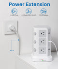 18 In 1 Power Strip Tower with 12 AC outlets, 6 USB ports, 6.5 ft cord, in use on desk, white, for home office dorm room