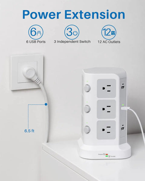18 In 1 Power Strip Tower with 12 AC outlets, 6 USB ports, 6.5 ft cord, in use on desk, white, for home office dorm room