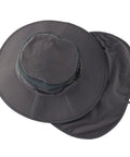 UPF50+ Mesh Sun Hat With Wide Brim And Neck Flap For All Day Comfort Breathable Quick Dry Polyester Nylon Lightweight Fishing Hat With Adjustable Chin Strap Big Head Friendly Dark Gray top view showing brim and neck flap