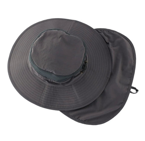 UPF50+ Mesh Sun Hat With Wide Brim And Neck Flap For All Day Comfort Breathable Quick Dry Polyester Nylon Lightweight Fishing Hat With Adjustable Chin Strap Big Head Friendly Dark Gray top view showing brim and neck flap
